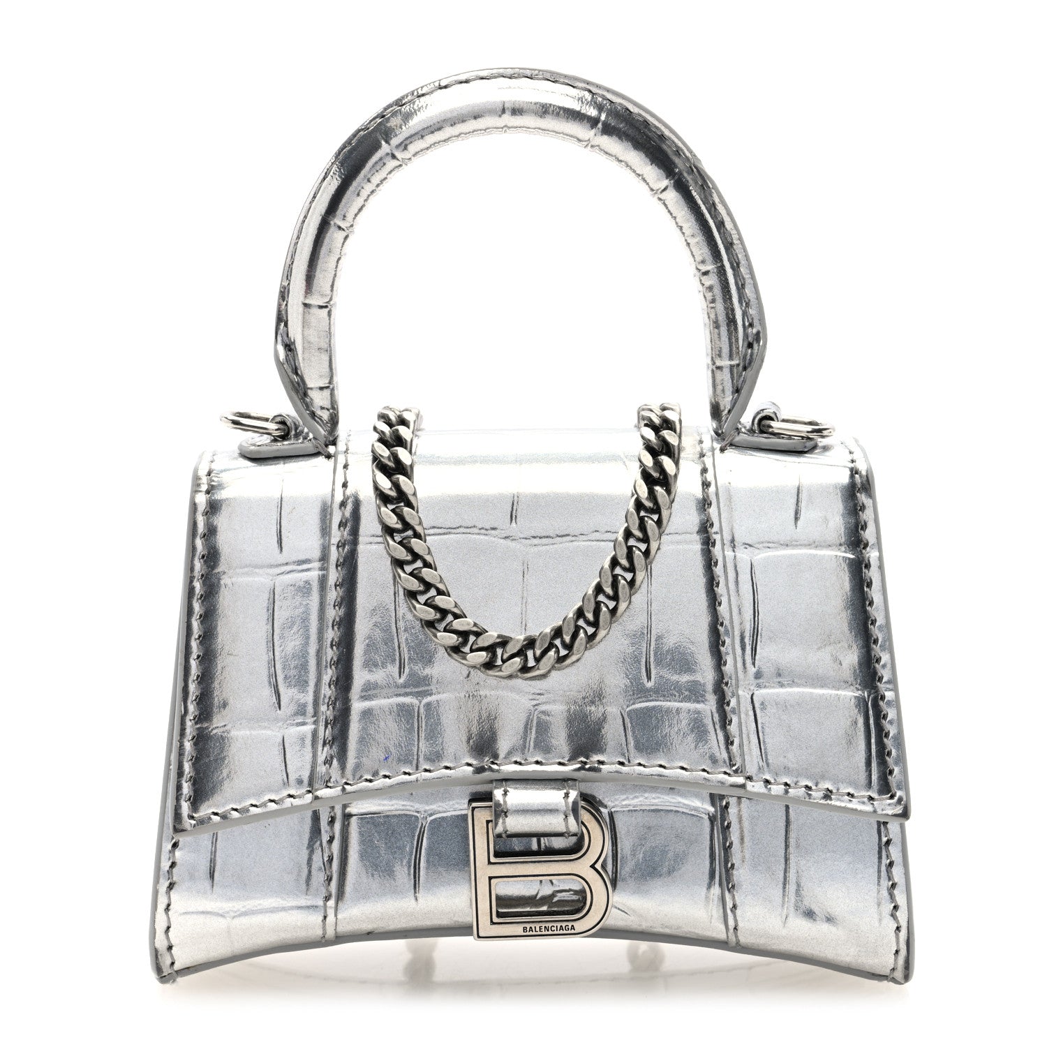 Balenciaga Metallic Calfskin Crocodile Embossed Hourglass Top Handle Bag Mini with Chain Silver 1 of 9