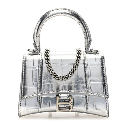 Balenciaga Metallic Calfskin Crocodile Embossed Hourglass Top Handle Bag Mini with Chain Silver 1 of 9