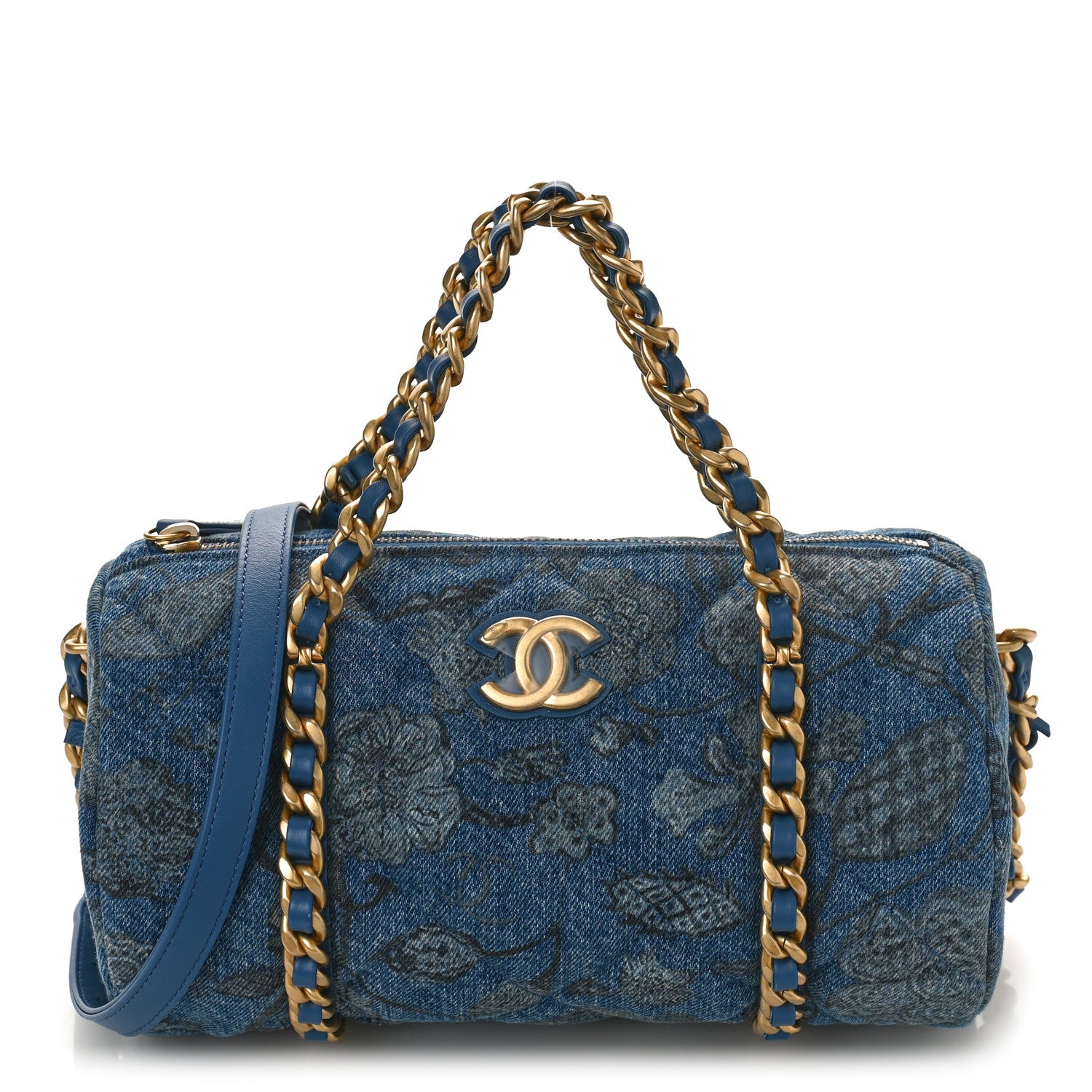 Chanel Denim Printed Destination Chenonceau Bowling Bag Blue Grey White 1 of 9