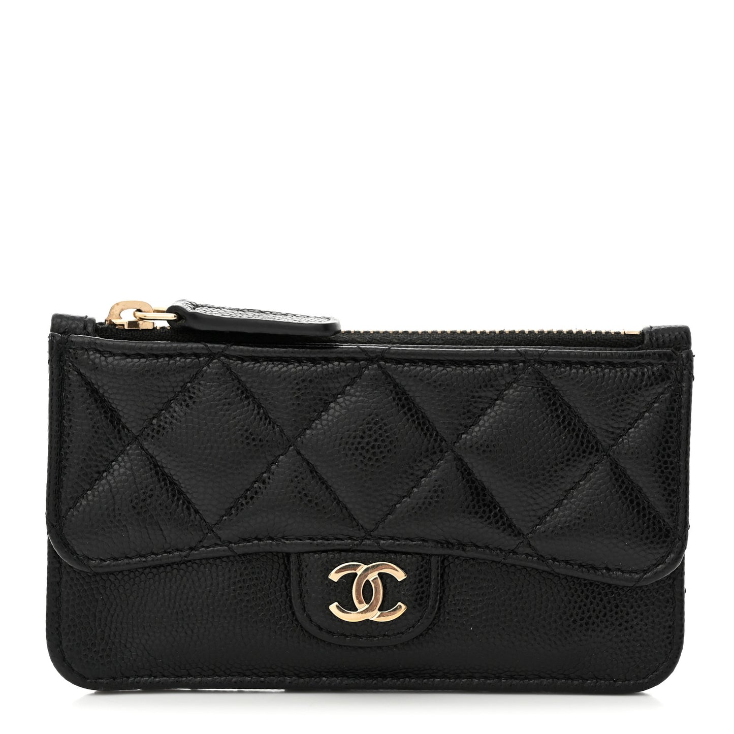 Caviar Quilted Flap Zip Card Holder Black