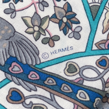 Hermes Cashmere Silk Au Pays Des Oiseaux Fleurs Shawl 140 Vert White Turquoise 3 of 4