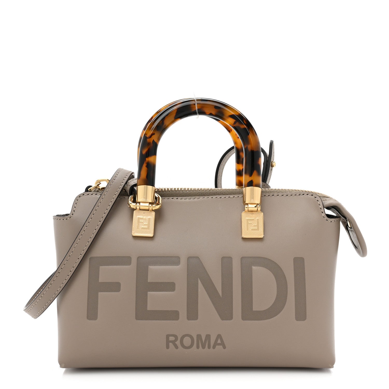 Fendi Vitello King Plexiglass Logo Embossed Mini By The Way Top Handle Boston Bag Tortora 1 of 10