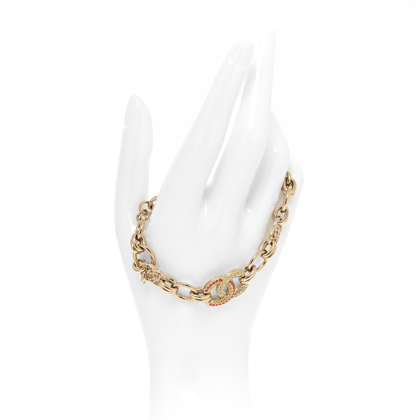 Metal Crystal Rainbow CC Chain Bracelet Gold Pink Yellow Blue