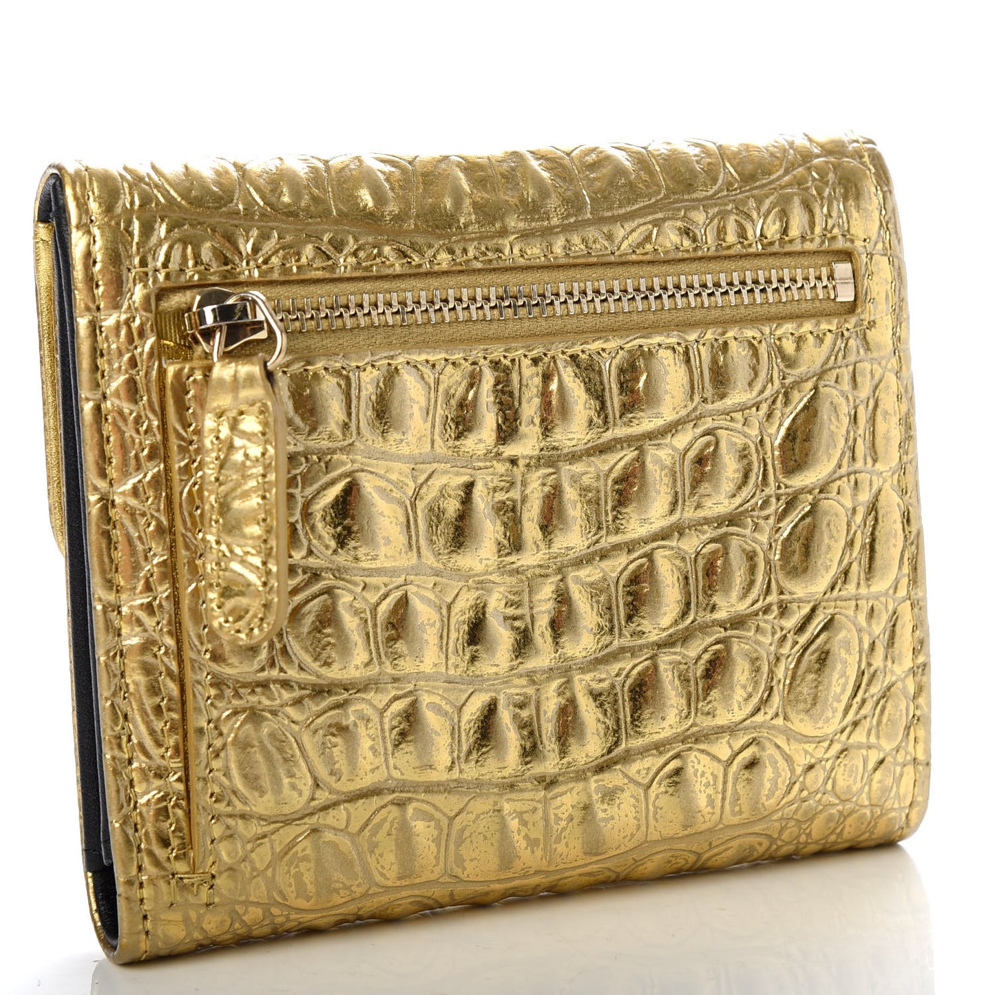 Metallic Calfskin Crocodile Embossed Cocodile Compact Flap Wallet Gold
