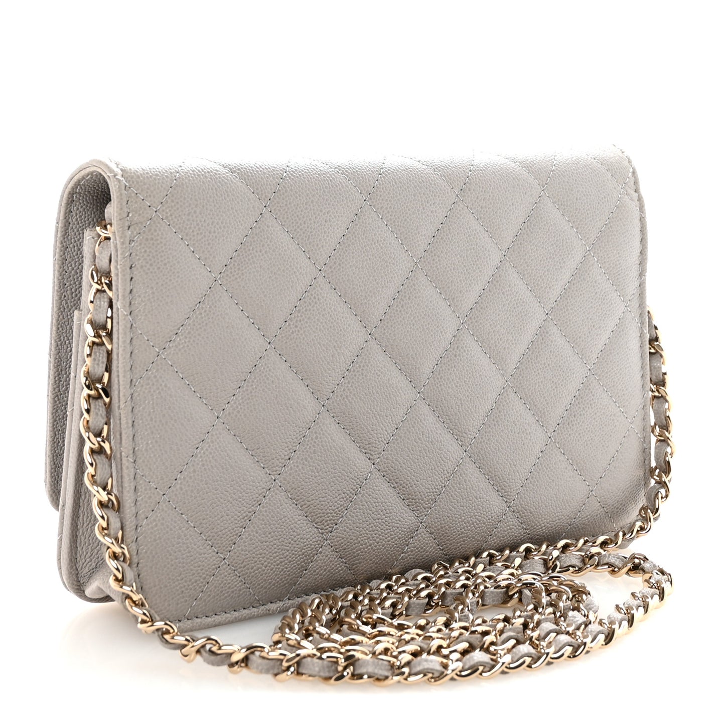 Caviar Quilted Studded CC Wallet On Chain WOC Grey