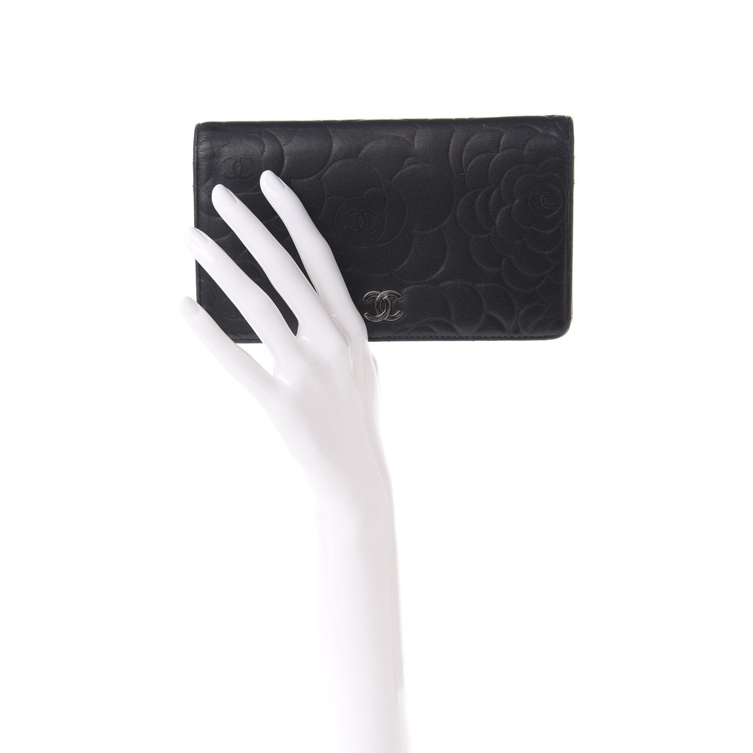 Chanel Lambskin Camellia Embossed Yen Wallet Black 2 of 12