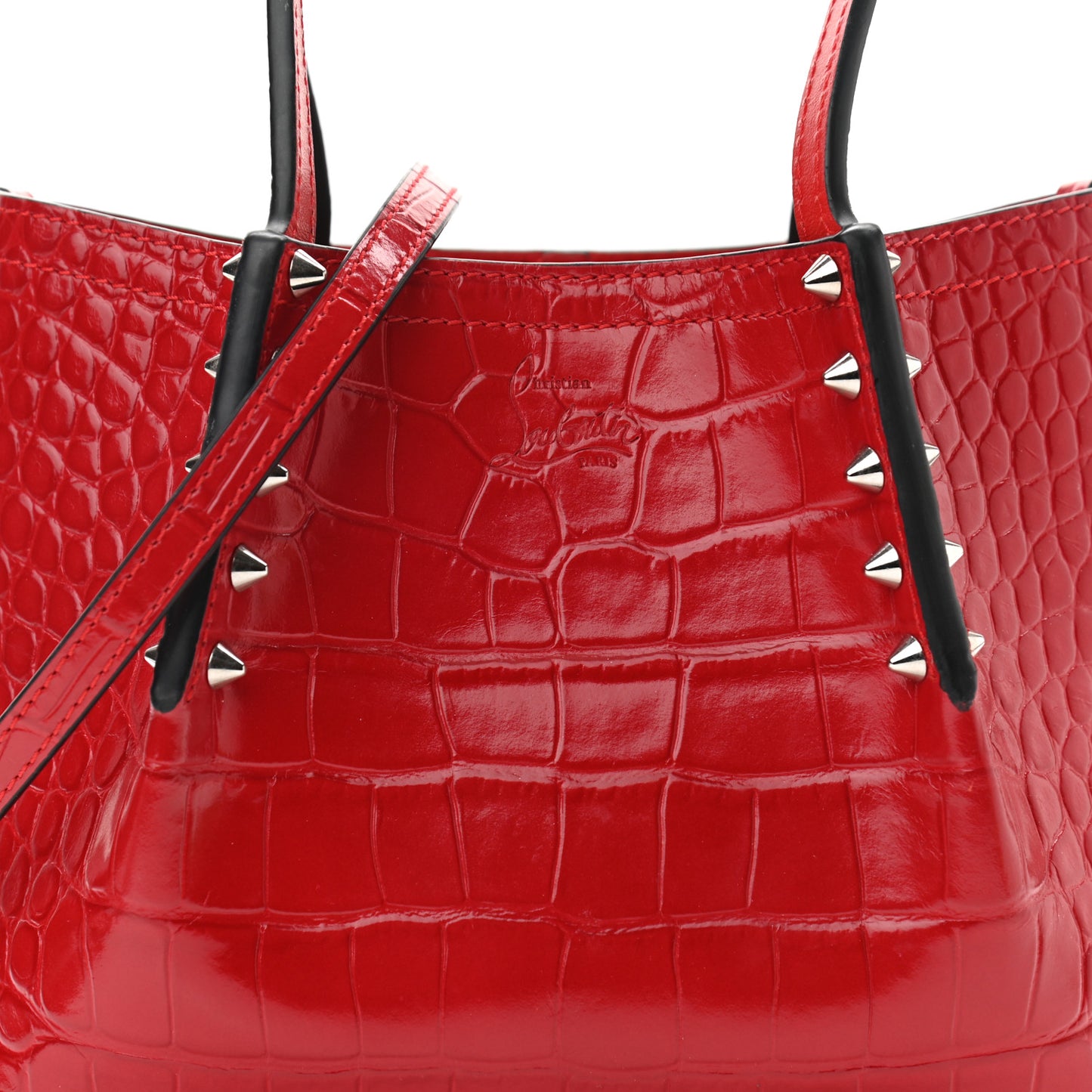 Crocodile Embossed Calfskin Spiked Mini Cabarock Shopper Tote Red