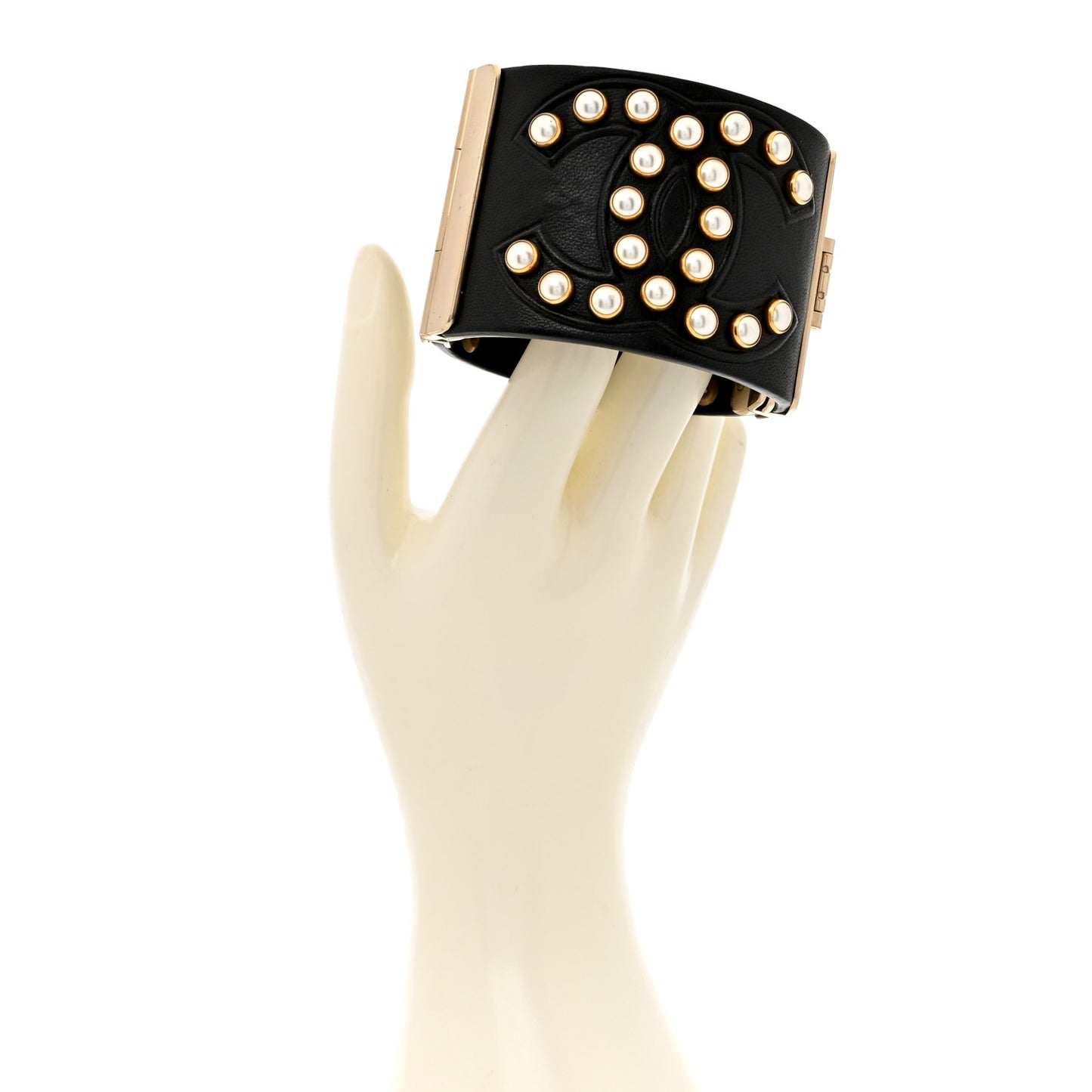 Lambskin Calfskin Pearl CC Cuff Bracelet Black Gold