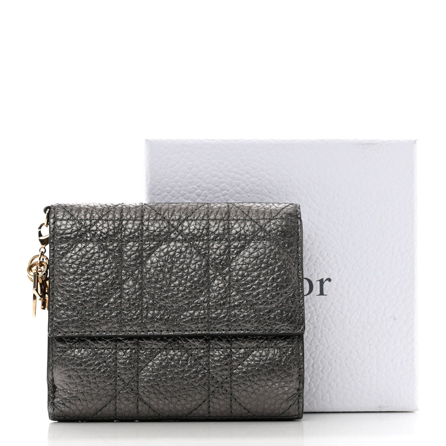Metallic Grained Calfskin Cannage Lady Dior French Wallet Gunmetal