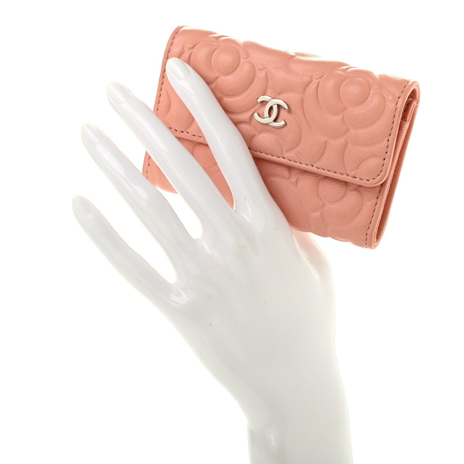 Chanel Goatskin Camellia Embossed Card Holder Wallet Pink 2 of 8