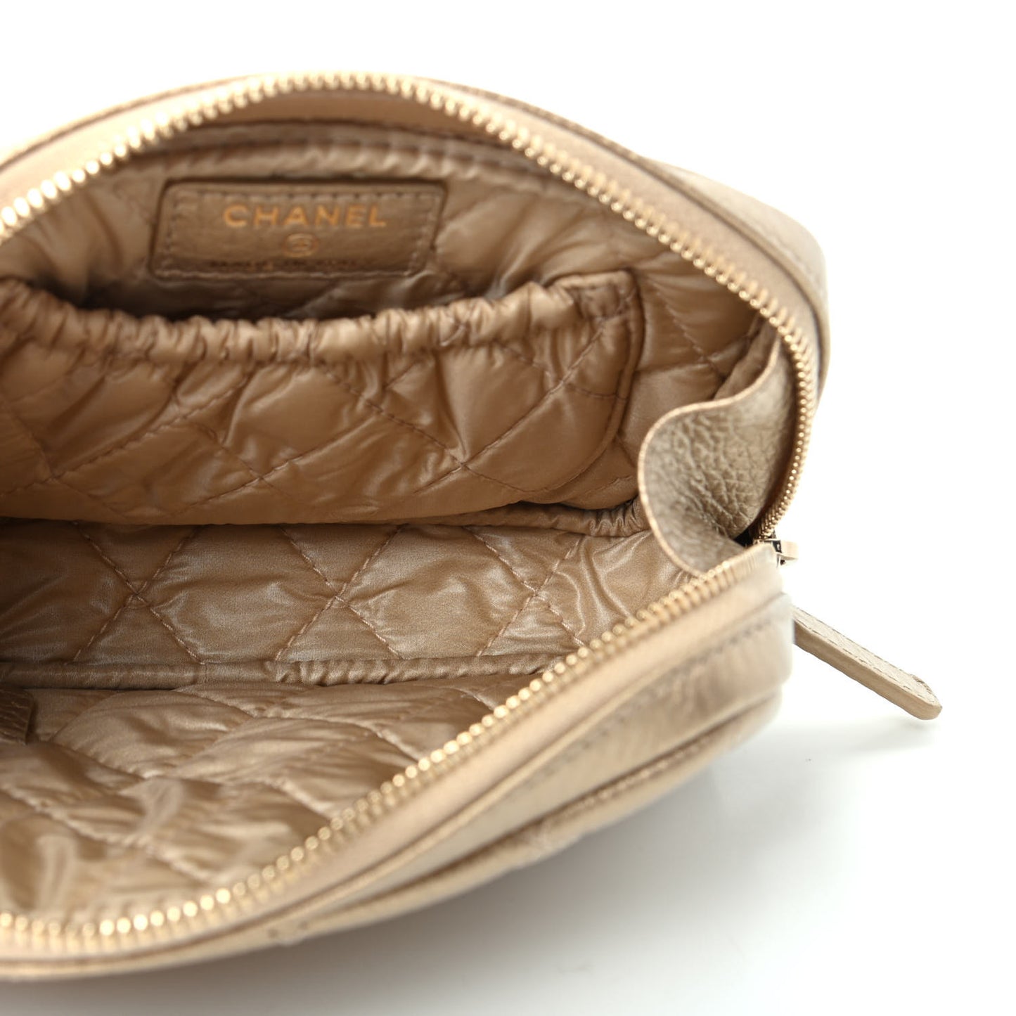 Metallic Calfskin Quilted Small Curvy Pouch Cosmetic Case Gold