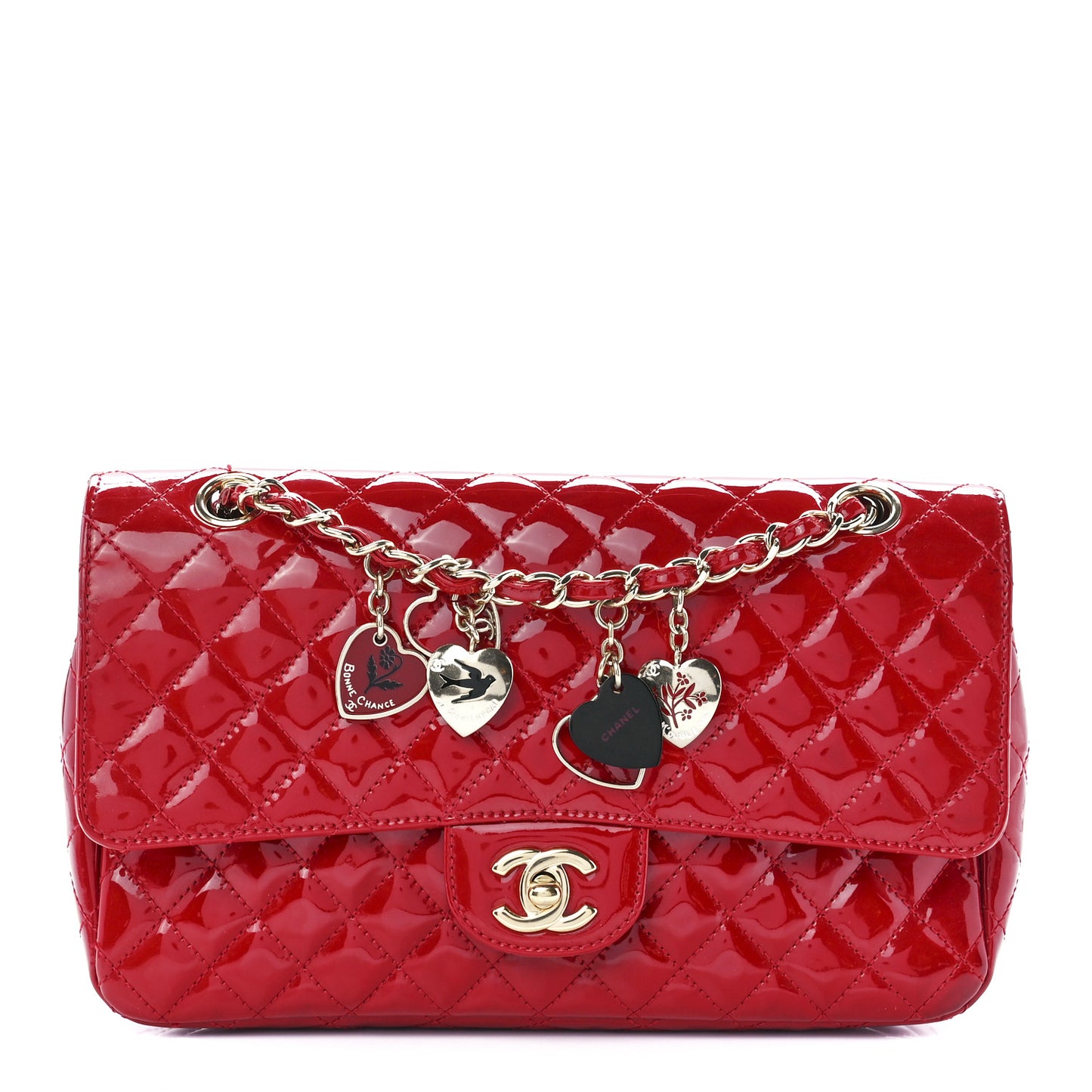 Patent Calfskin Quilted Valentine Charms Medium Single Flap Red
