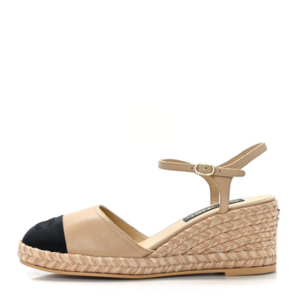 Chanel Lambskin Grosgrain CC Espadrilles Wedges 41 Beige Black 1 of 9