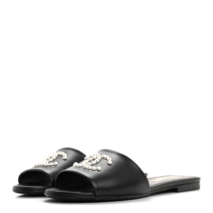 Chanel Lambskin Pearl CC Sandals 38.5 Black 4 of 8