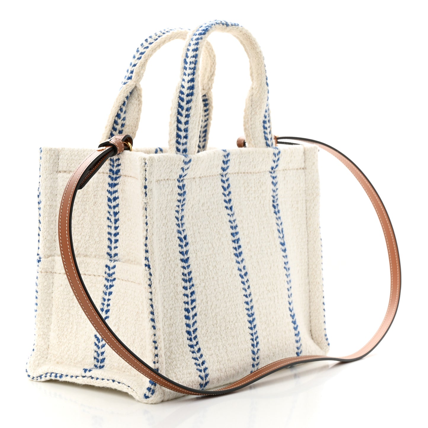 Canvas Calfskin Stripe Triomphe Small Cabas Thais White Blue