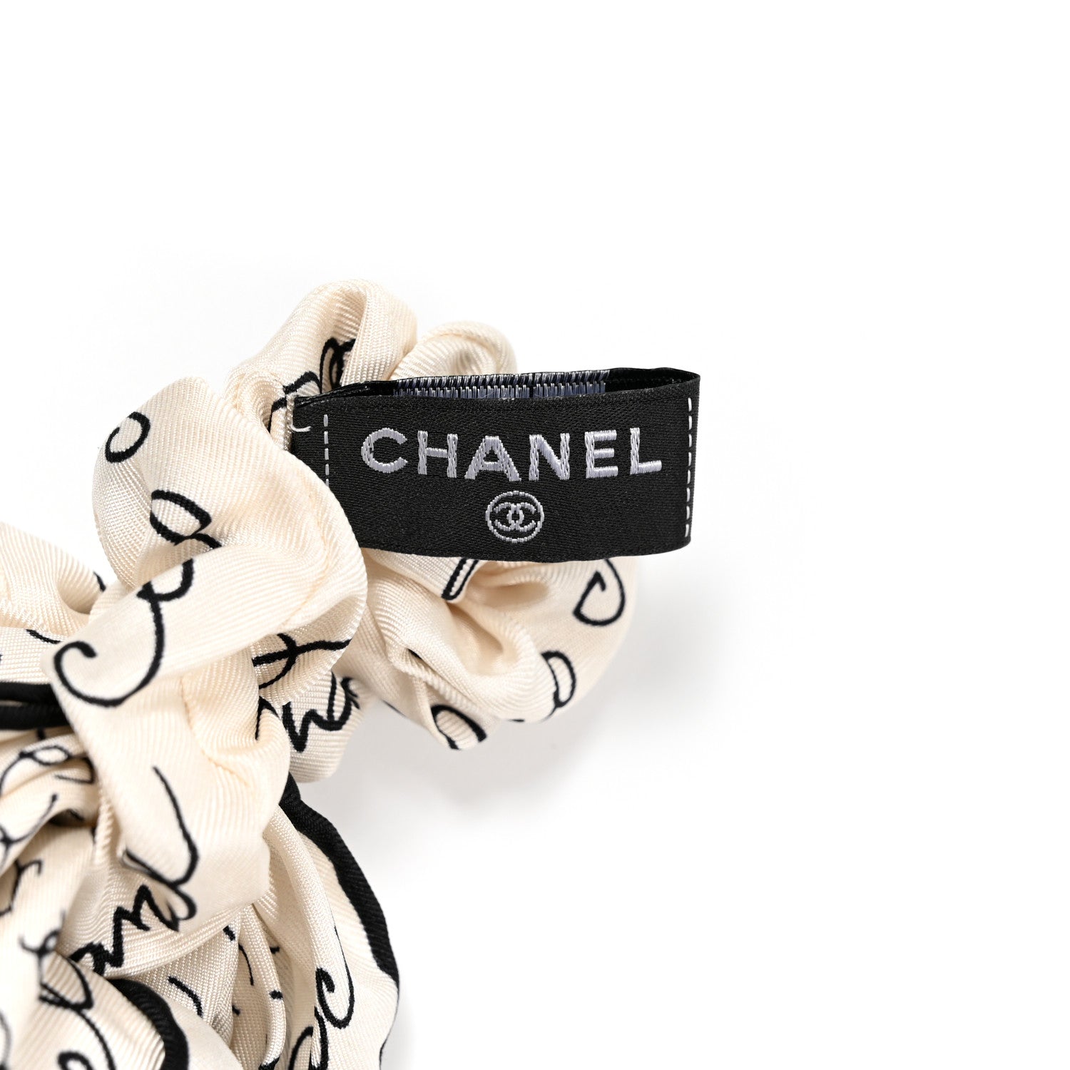 Chanel Silk Twill Square Scarf Hair Tie White Black 3 of 3