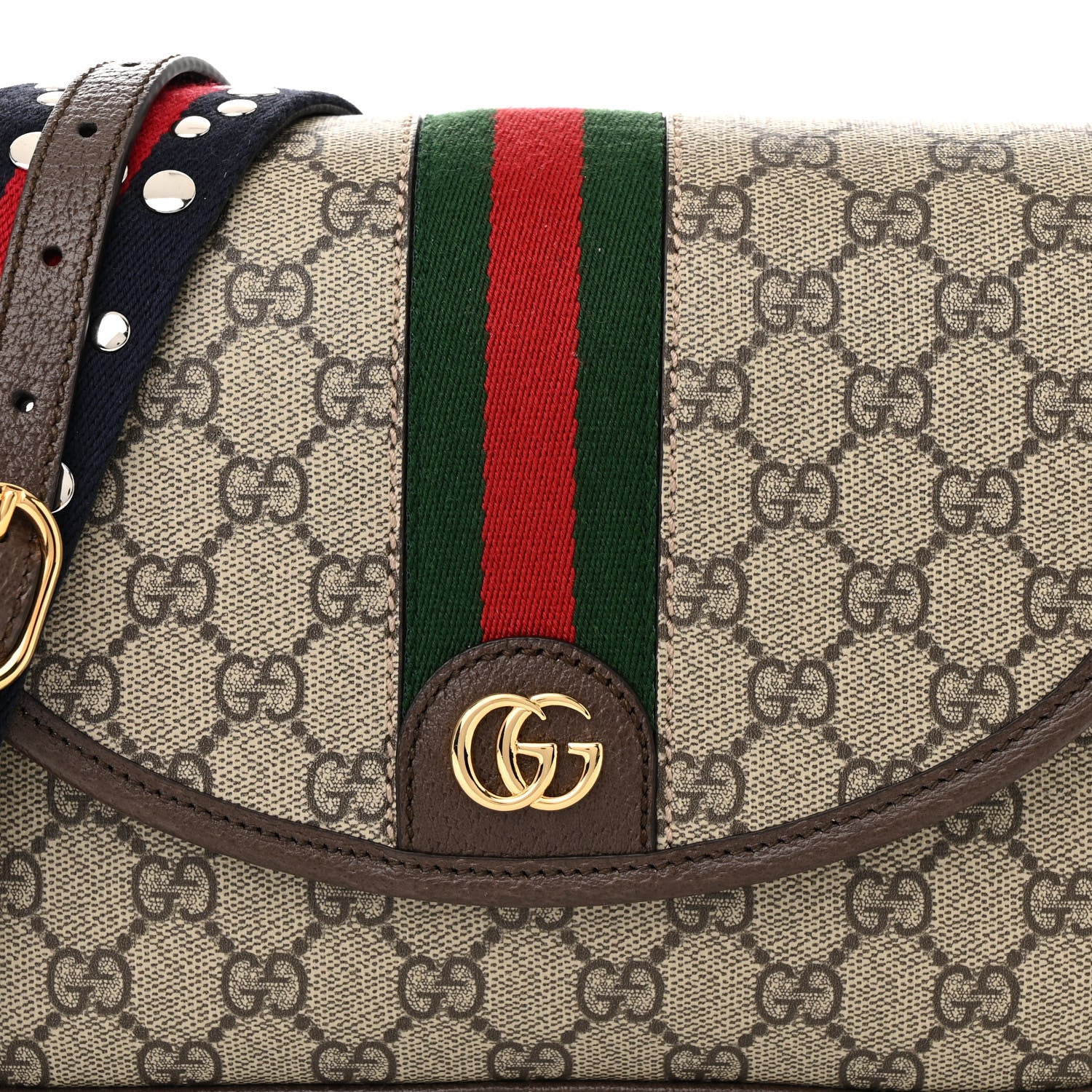 Gucci GG Supreme Monogram Textured Dollar Calfskin Web Studded Mini Ophidia Flap Shoulder Bag Beige Ebony New Acero 8 of 10