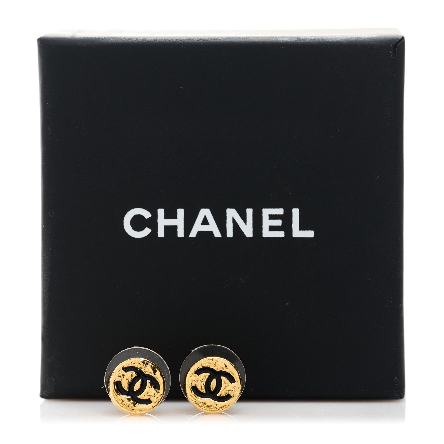Chanel Metal Textured CC Round Earrings Gold Black 5 of 5