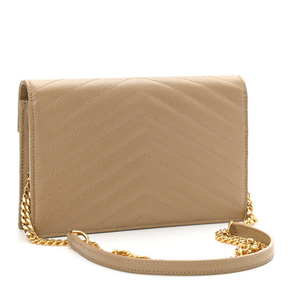 Saint Laurent Grain De Poudre Matelasse Chevron Monogram Envelope Chain Wallet Dark Latte 3 of 10