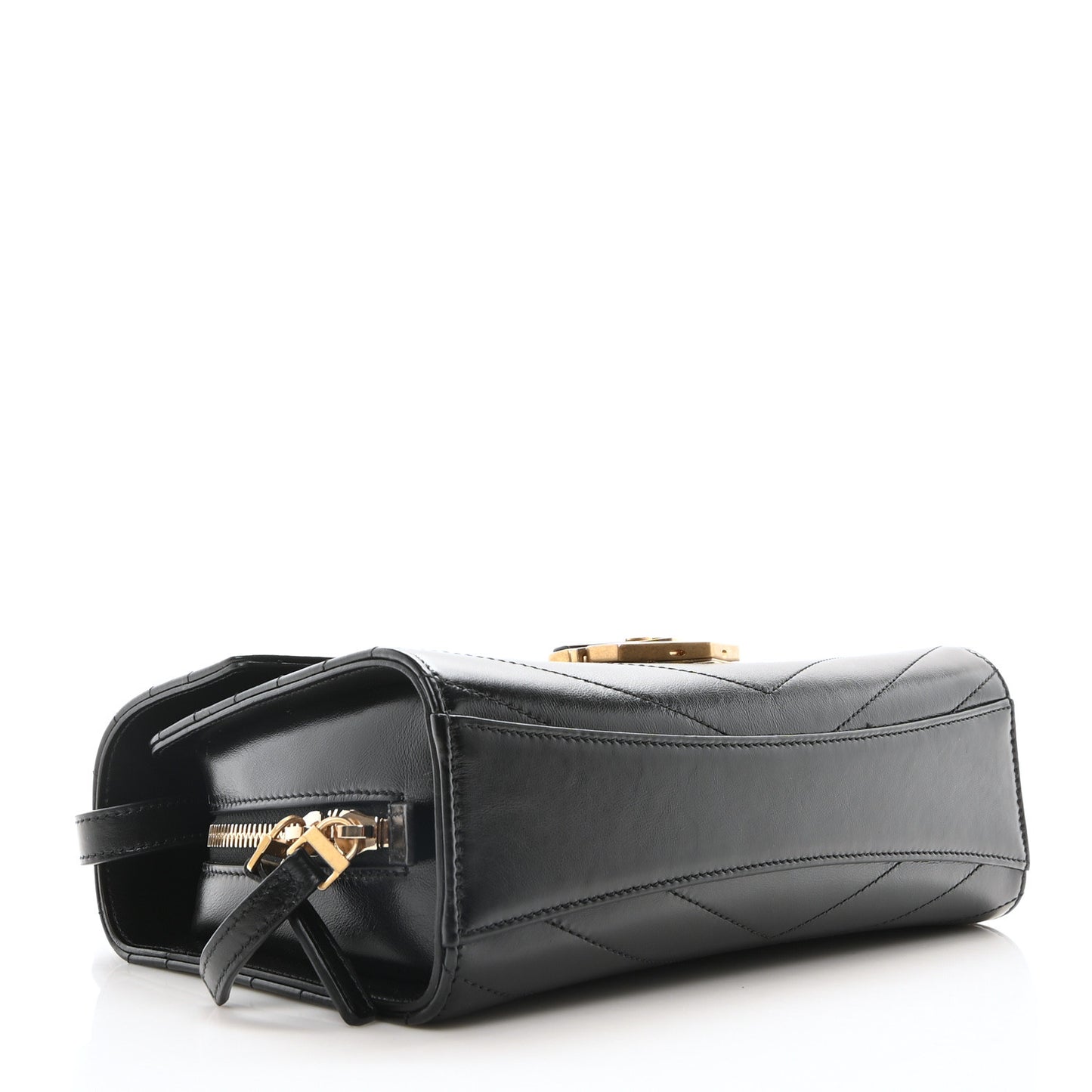 Calfskin Chevron Quilted Medal Flap Black