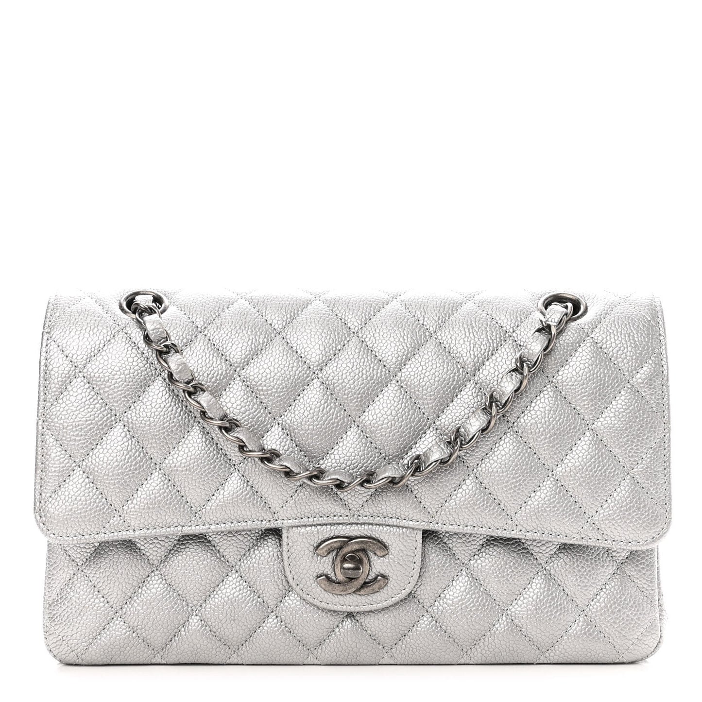 Metallic Caviar Quilted Medium Double Flap Silver