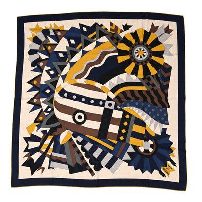 Hermes Cashmere Silk Cheval De Fete Shawl 140 Naturel Marine Moutarde 1 of 6