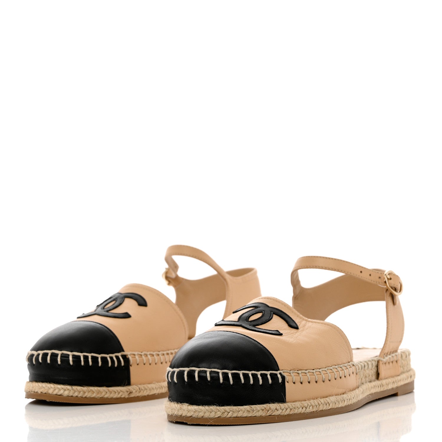 Chanel Lambskin Cap Toe CC Espadrille Sandals 38 Beige Black 3 of 10
