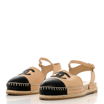 Chanel Lambskin Cap Toe CC Espadrille Sandals 38 Beige Black 3 of 10