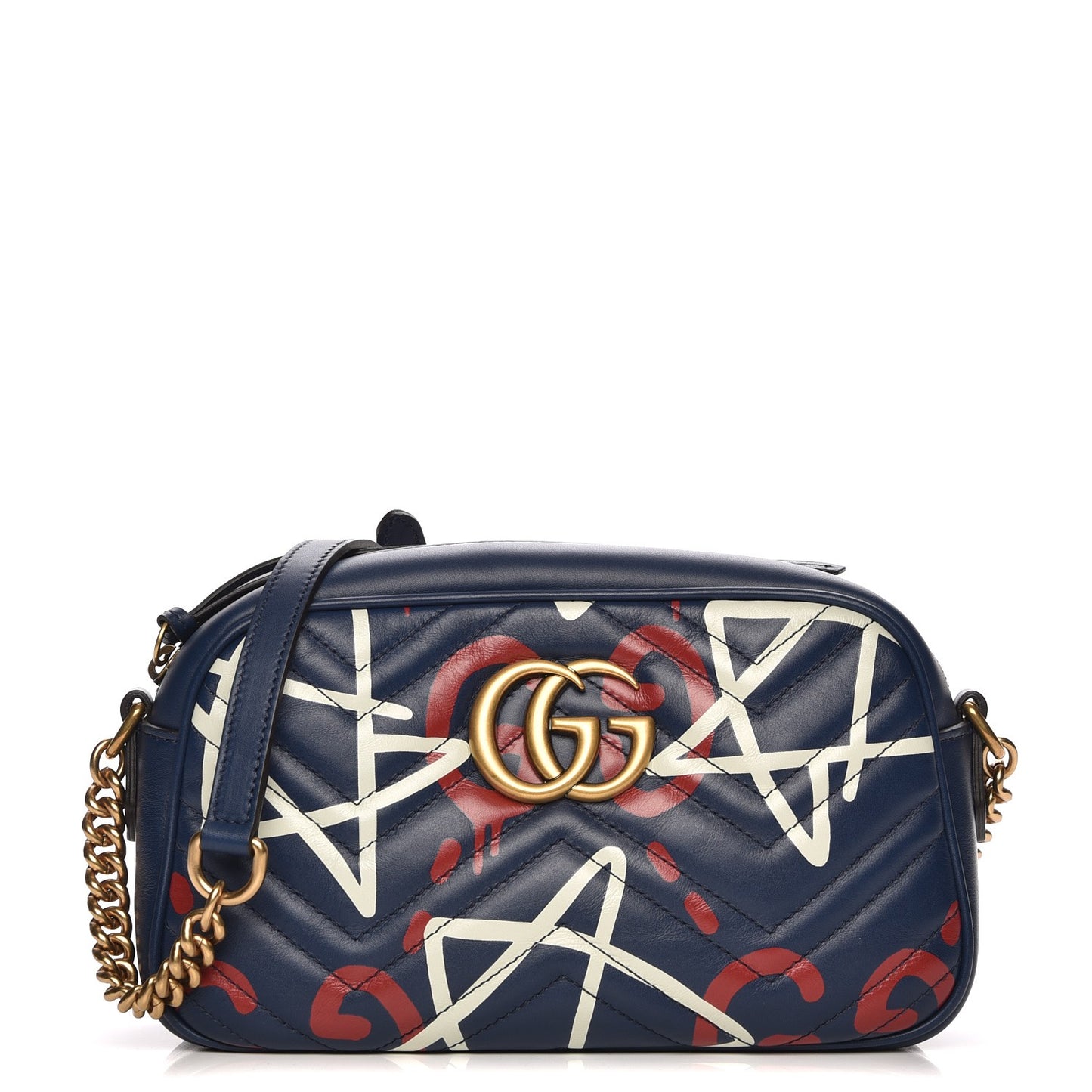 Calfskin Matelasse GucciGhost Small GG Marmont Chain Shoulder Bag Blue Agata Hibiscus Red