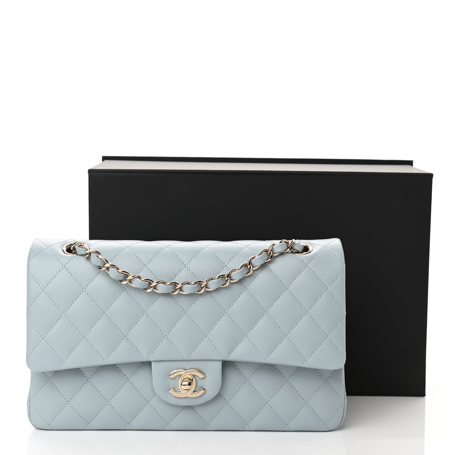 Caviar Quilted Medium Double Flap Light Blue