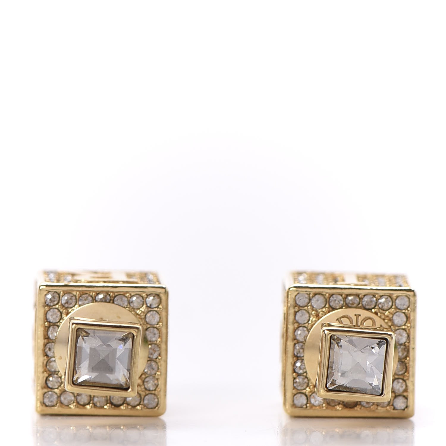 Christian Dior Metal Crystal Lucky Square Earrings Gold 2 of 6