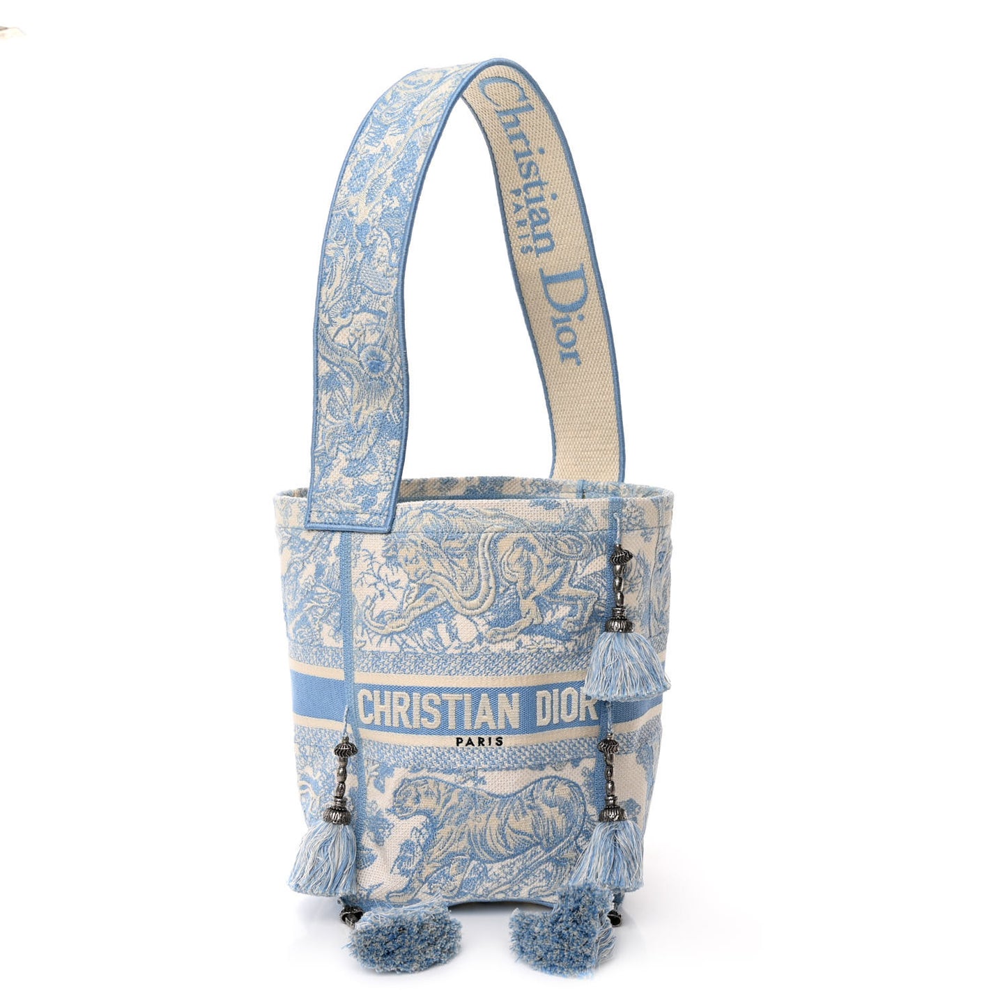 Canvas Reverse Embroidered Toile De Jouy D-Bubble Bucket Bag Blue
