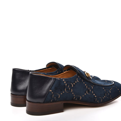 Gucci Velvet GG Monogram Goatskin Mens Horsebit Loafers 6.5 Blue Beige 4 of 10