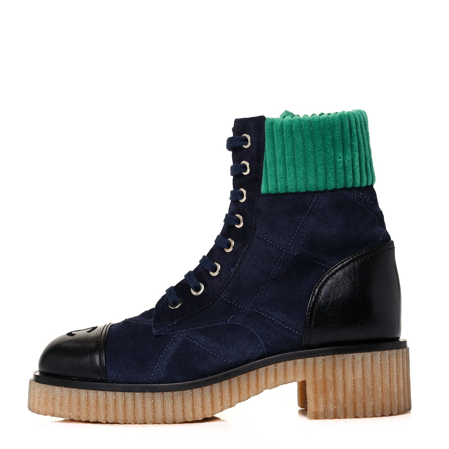 Suede Calfskin Velvet Quilted CC Combat Boots 36 Navy Green Black