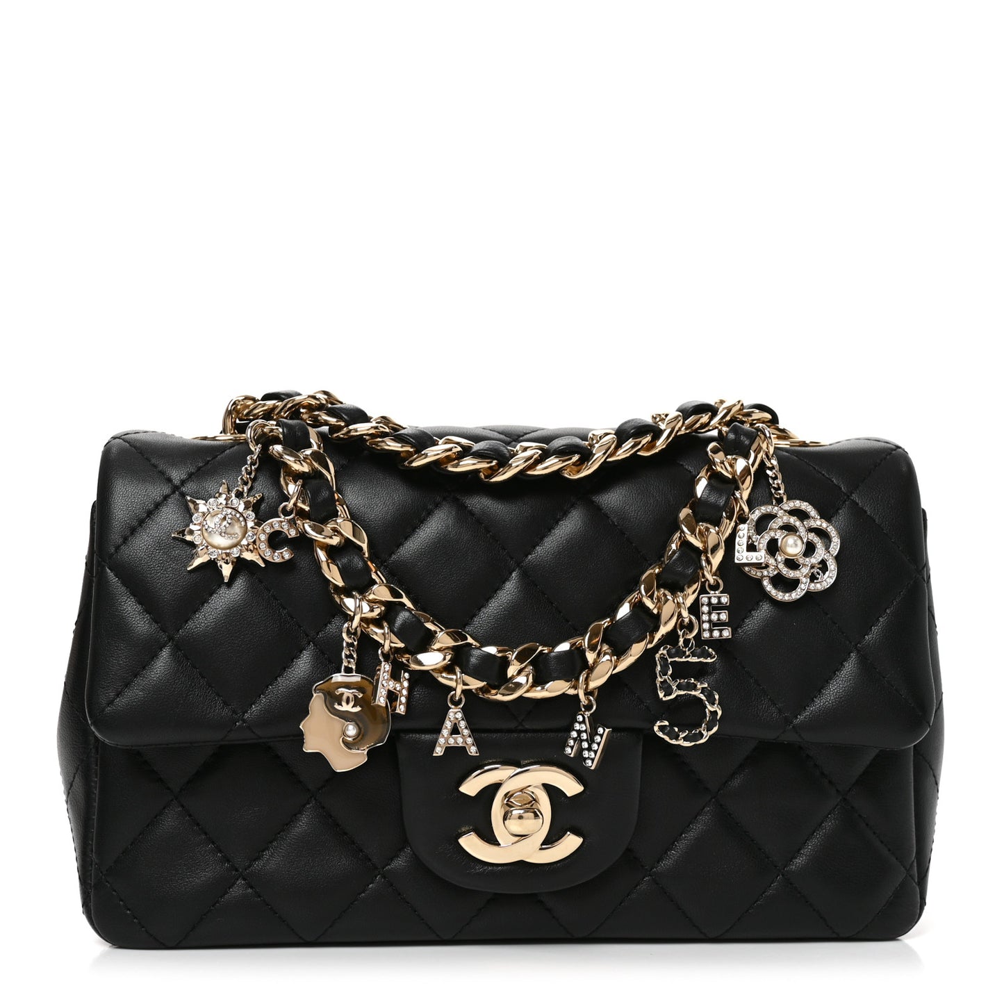 Lambskin Quilted Mini Coco Charms Rectangular Flap Black