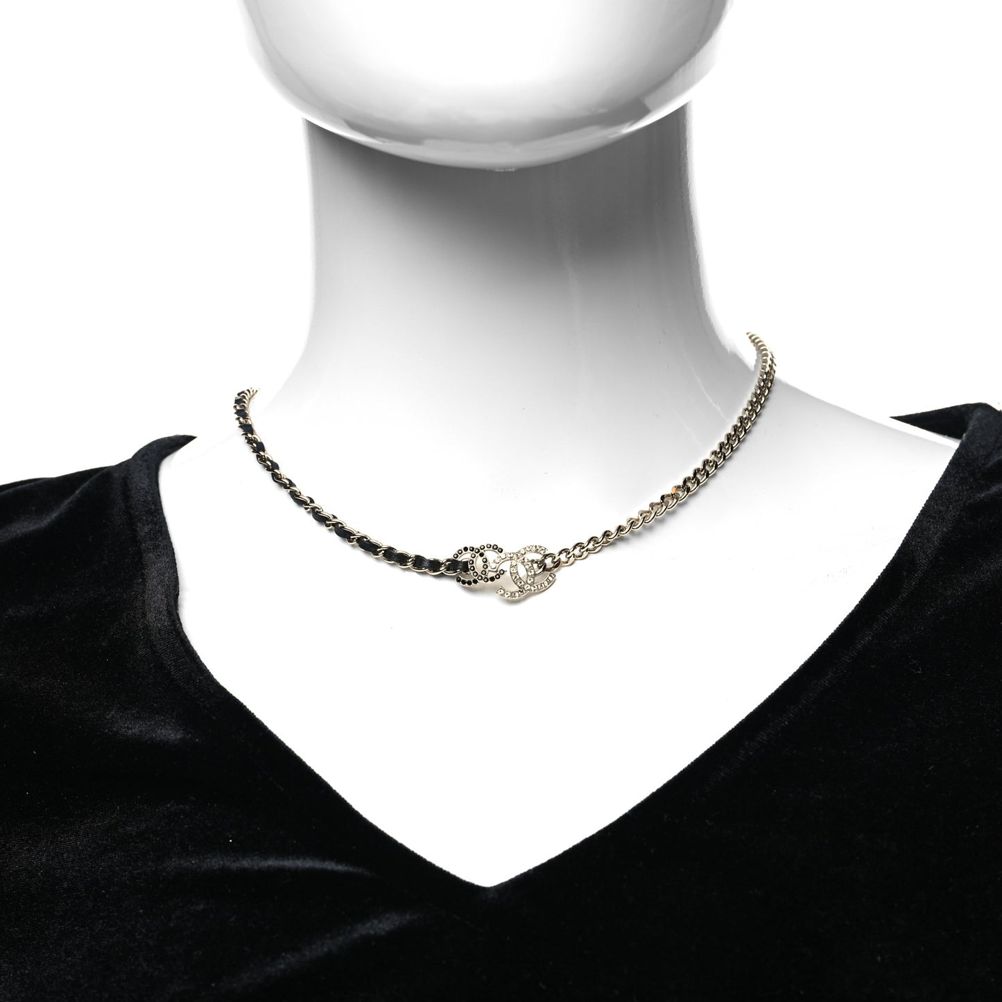 Metal Calfskin Crystal Double CC Short Necklace Black Gold