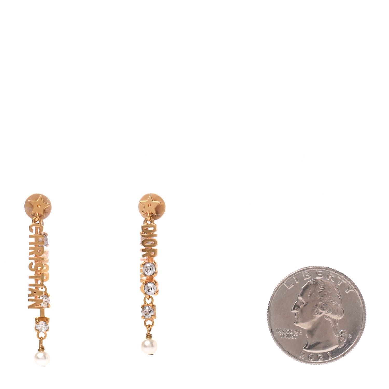 Christian Dior Crystal Pearl Logo Dangle Earrings Gold 2 of 4