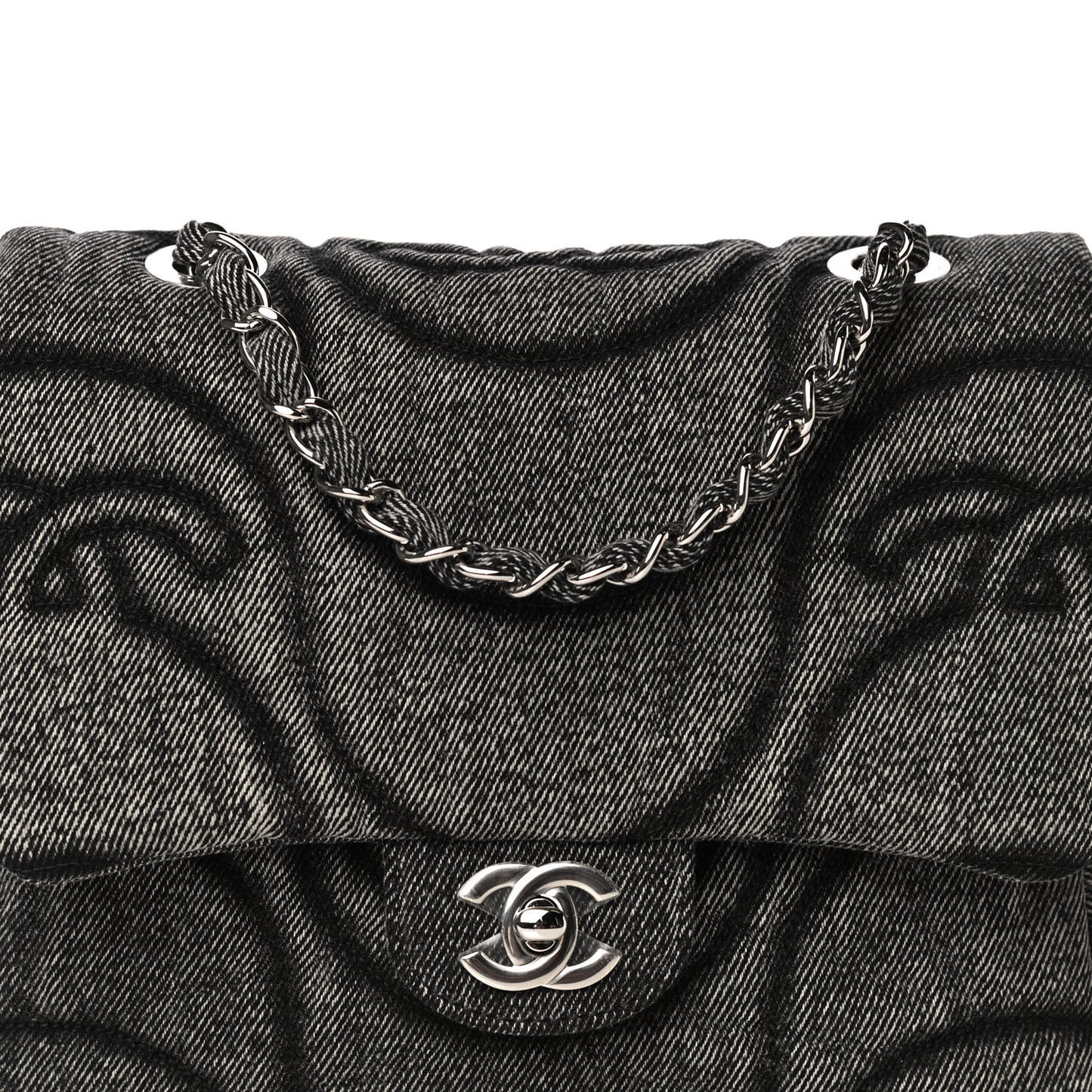 Denim Embossed CC Logo Print Mini Single Flap Black