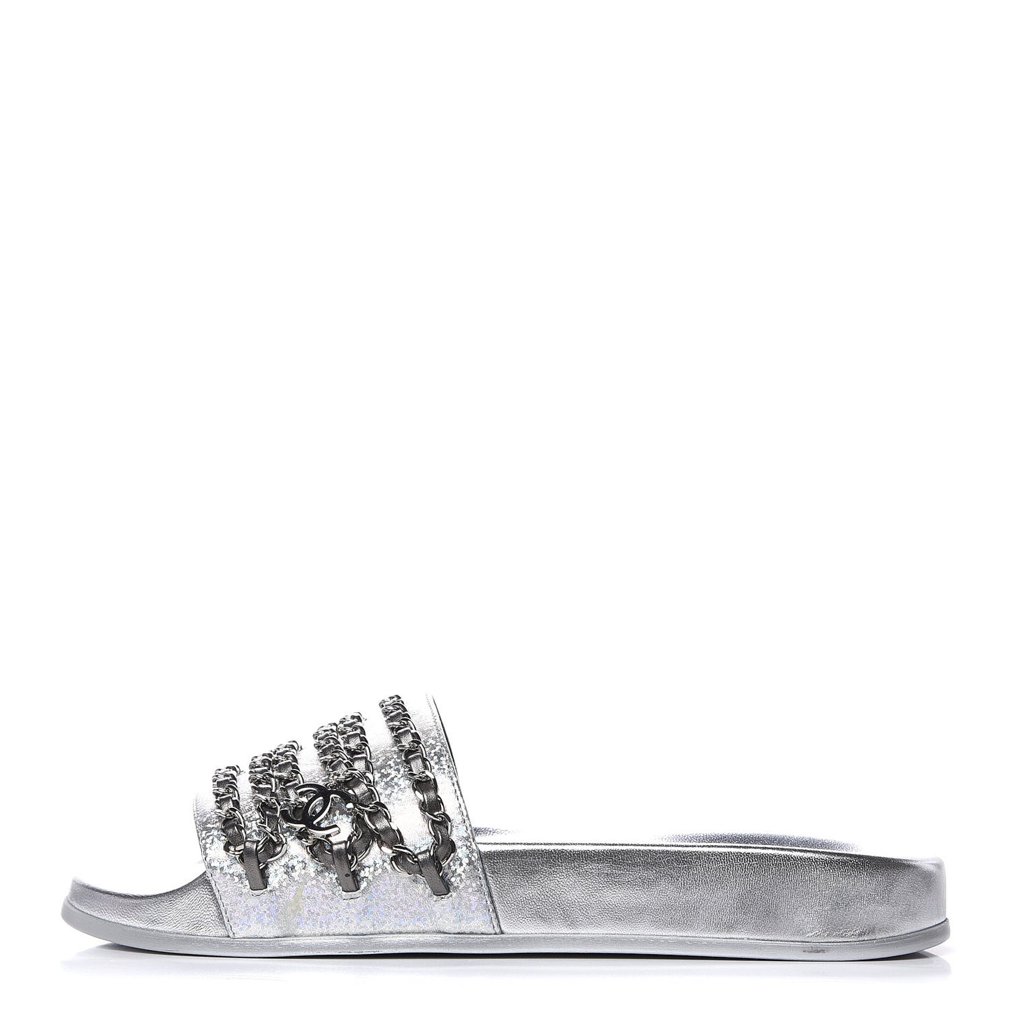 Metallic Lambskin Chain Flat Sandals 38 Silver