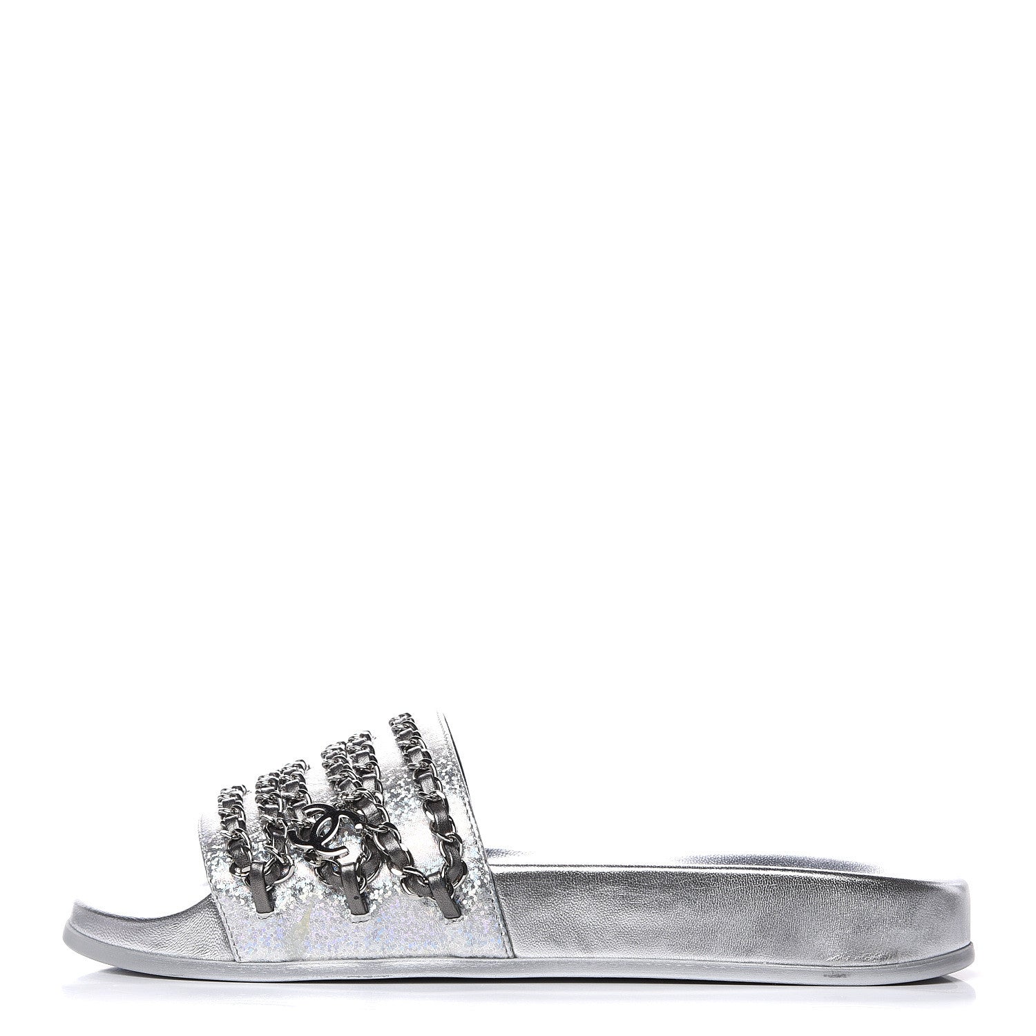 Chanel Metallic Lambskin Chain Flat Sandals 38 Silver 1 of 11