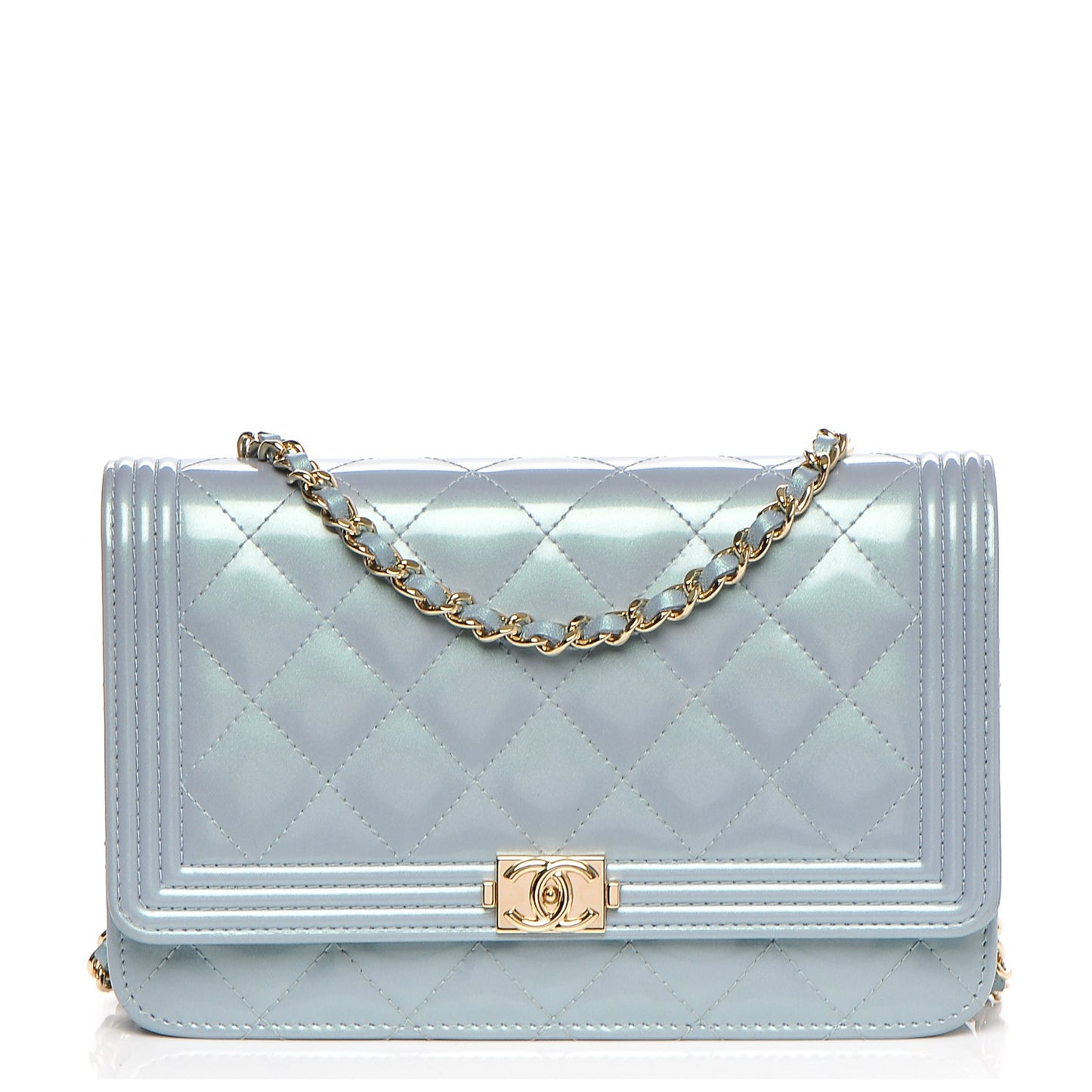 Patent Calfskin Quilted Boy Wallet On Chain WOC Light Blue