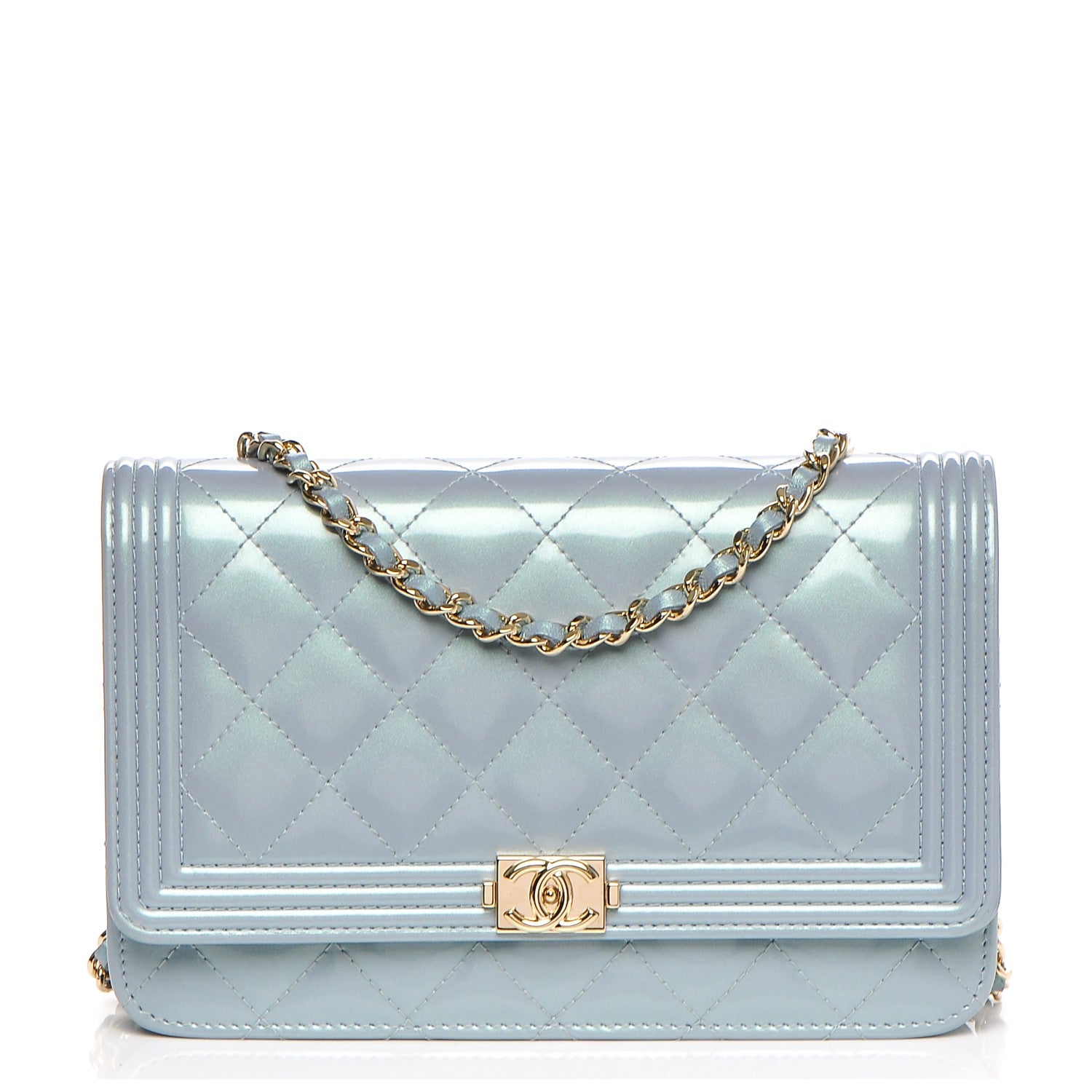 Chanel Patent Calfskin Quilted Boy Wallet On Chain WOC Light Blue 1 of 8