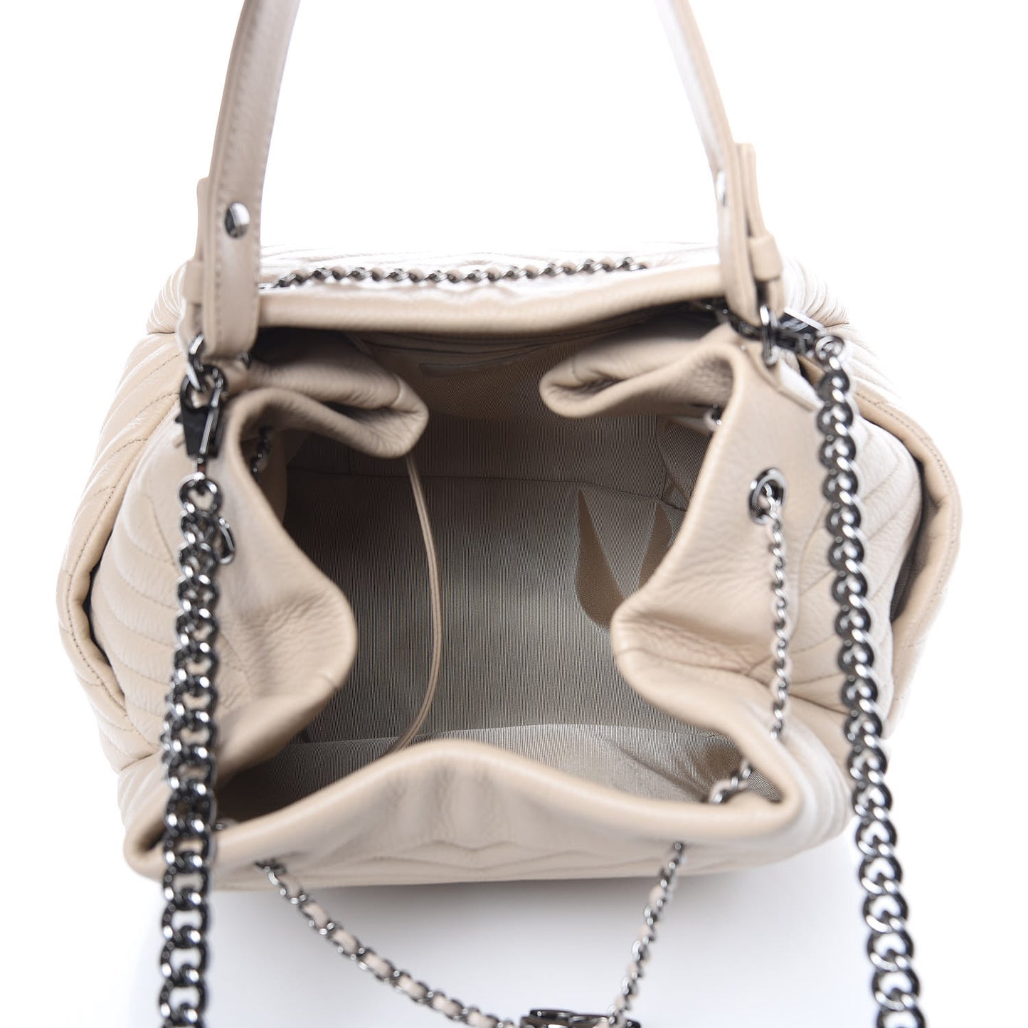 Deerskin Chevron Large CC Chain Bucket Drawstring Bag Beige