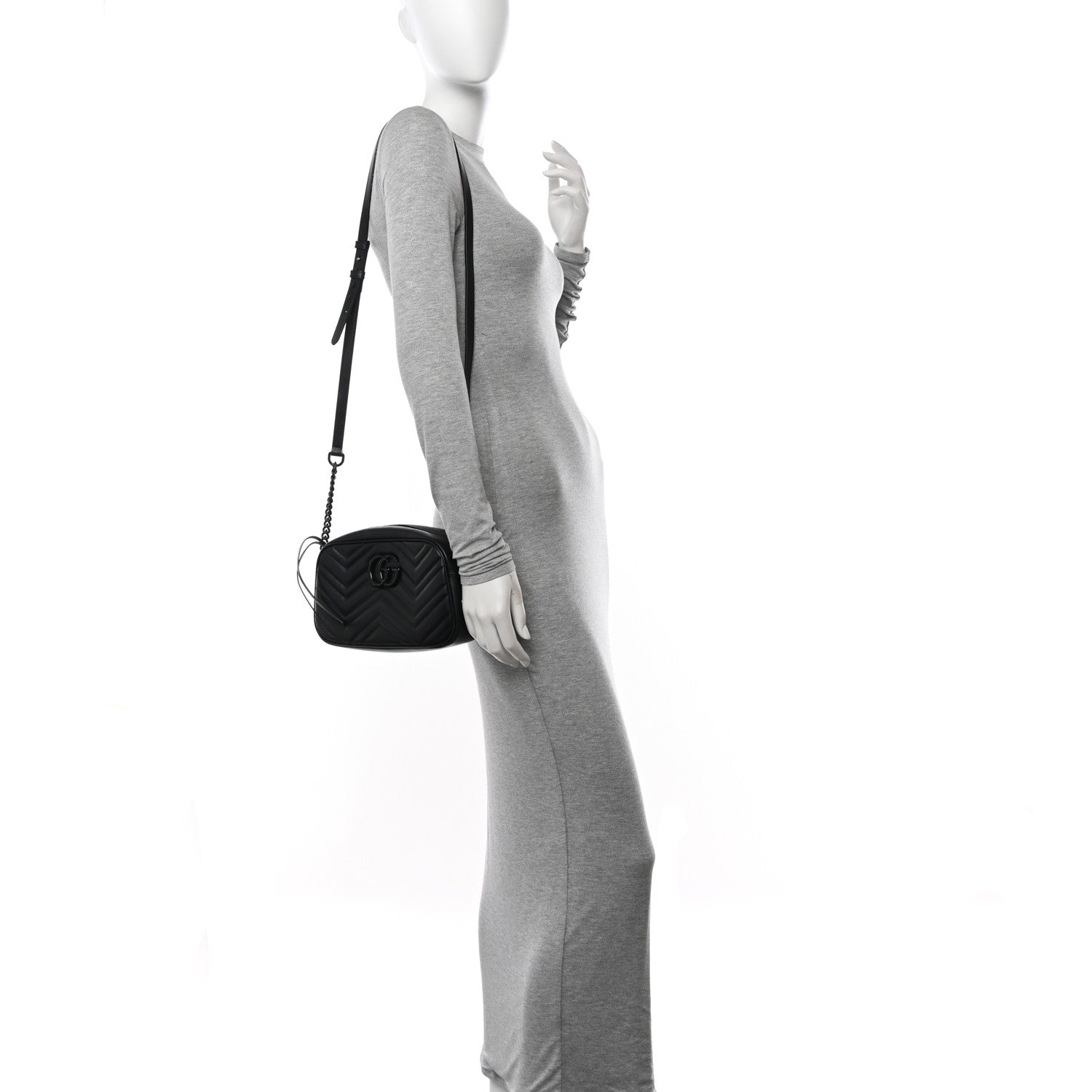 Gucci Calfskin Matelasse Monochrome Small GG Marmont Chain Shoulder Bag Black 2 of 11