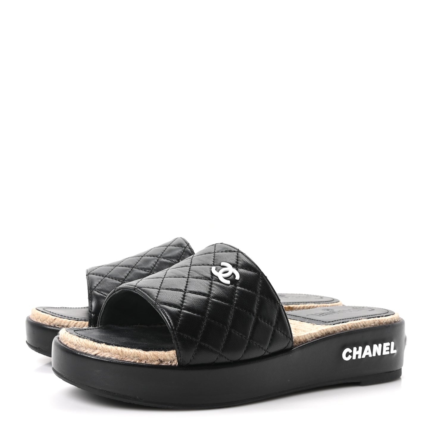 Lambskin Quilted CC Espadrille Slip On Sandals 41 Black