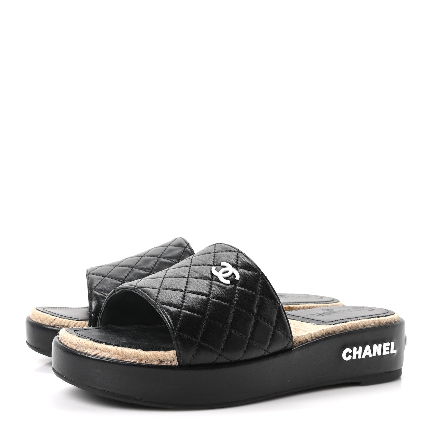 Chanel Lambskin Quilted CC Espadrille Slip On Sandals 41 Black 4 of 10