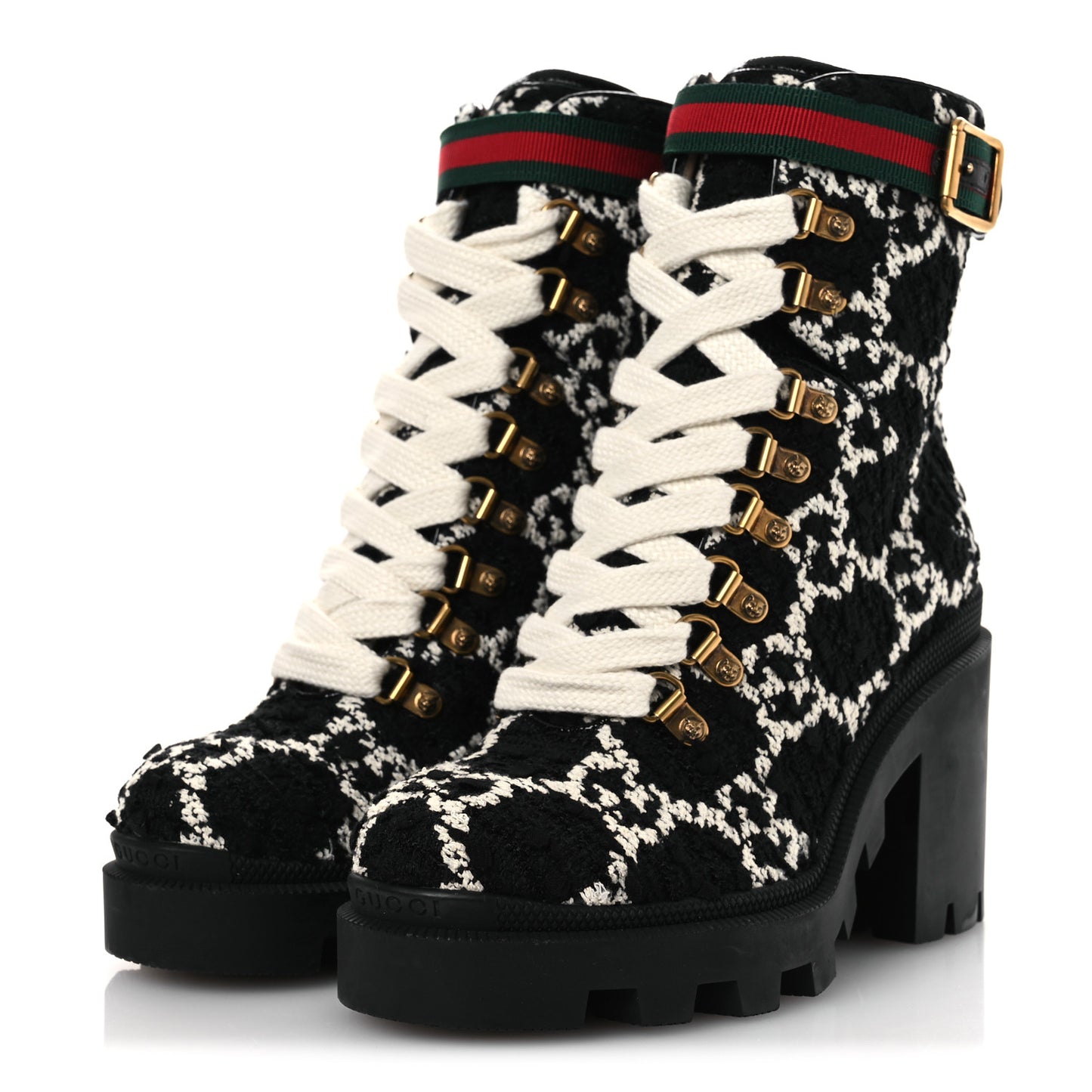 Tweed GG Monogram Lace Up Combat Ankle Boots 36 Black