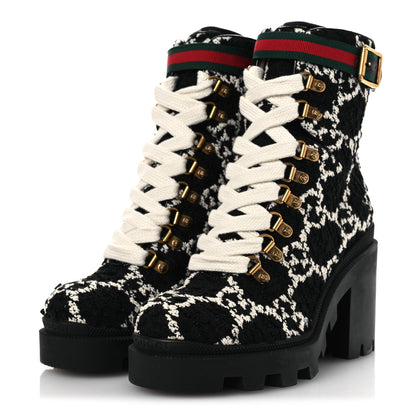Gucci Tweed GG Monogram Lace Up Combat Ankle Boots 36 Black 4 of 12