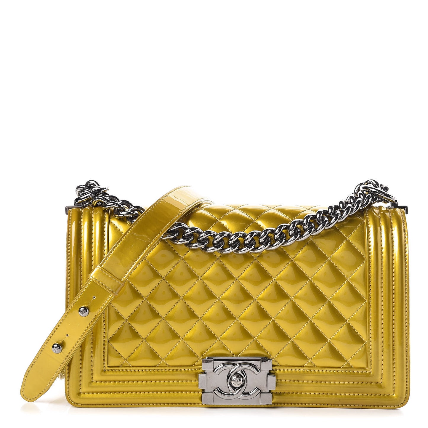 Metallic Patent Calfskin Quilted Medium Boy Flap Gold