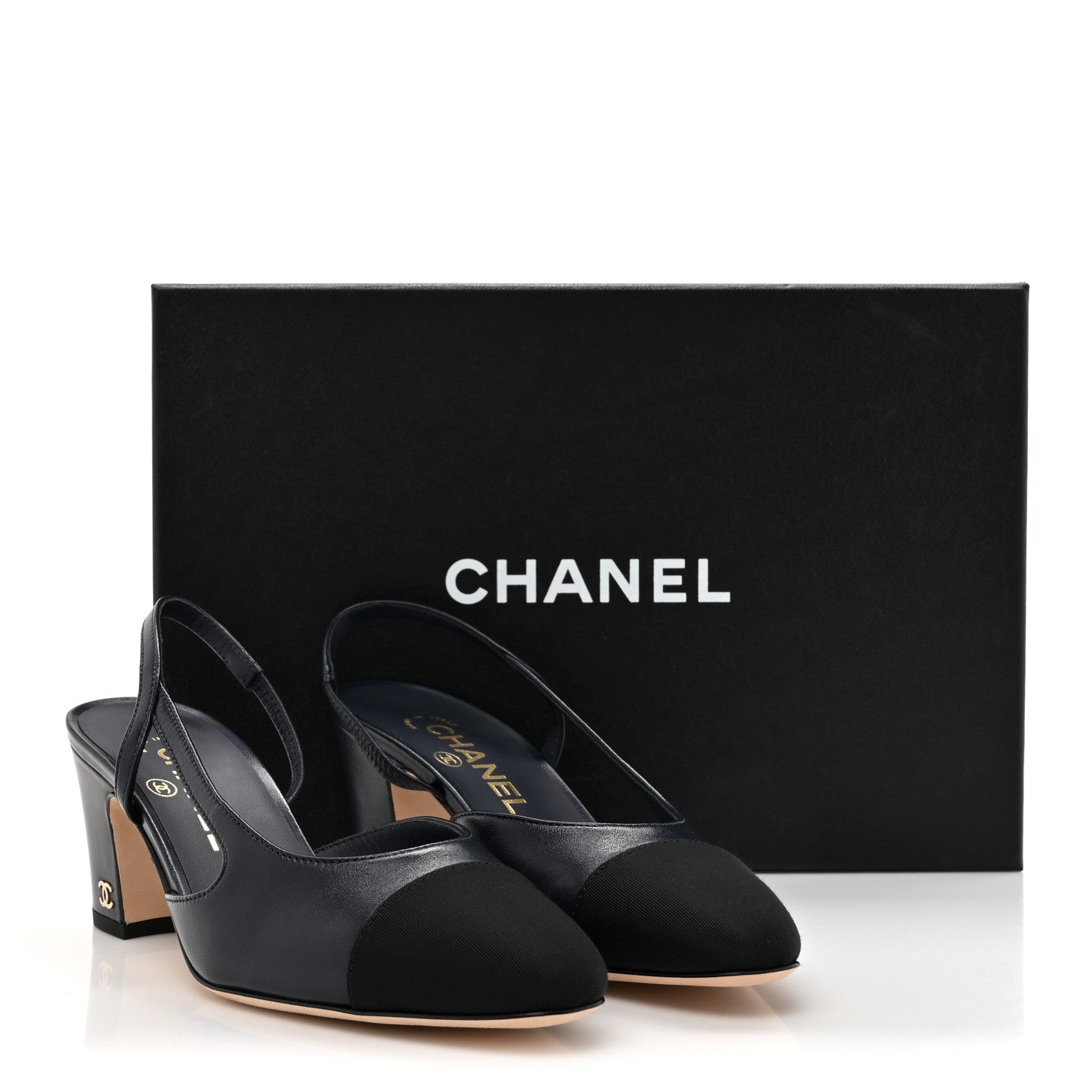 Chanel Lambskin Grosgrain Cap Toe CC Slingback Sandals 37 Navy Black 9 of 9